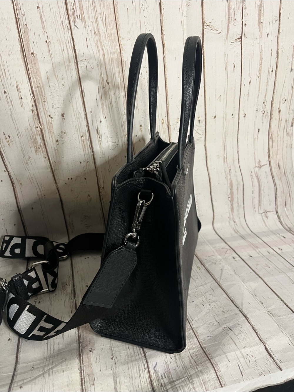 KARL LAGERFELD PARIS Black Pebbled Logo Tote Bag Zip Top Purse - Picture 5 of 14